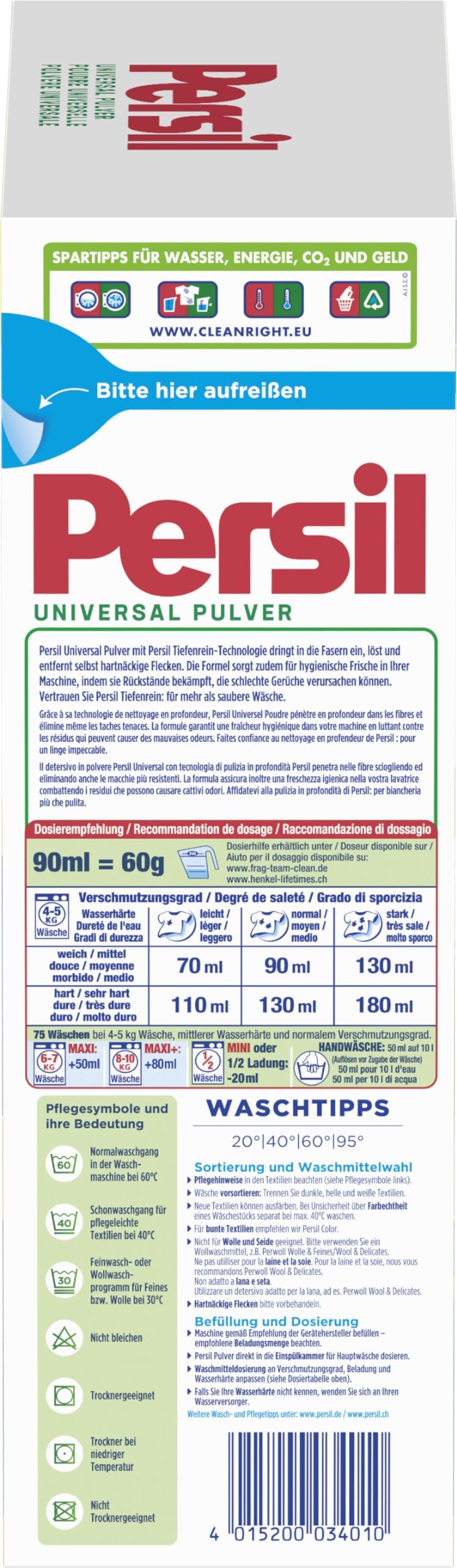 Persil Universal Pulver Tiefenrein Waschmittel (75 Waschladungen), Vollwaschmittel für reine Wäsche und hygienische Frische für die Maschine, effektiv von 20 °C bis 95 °C