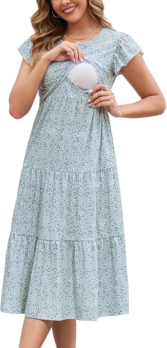 GINKANA Women Nursing Dress Flutter Sleeve Midi Dress Crew Neck Nursing Friendly Dresses Loose Flowy Maternity Beach Dress