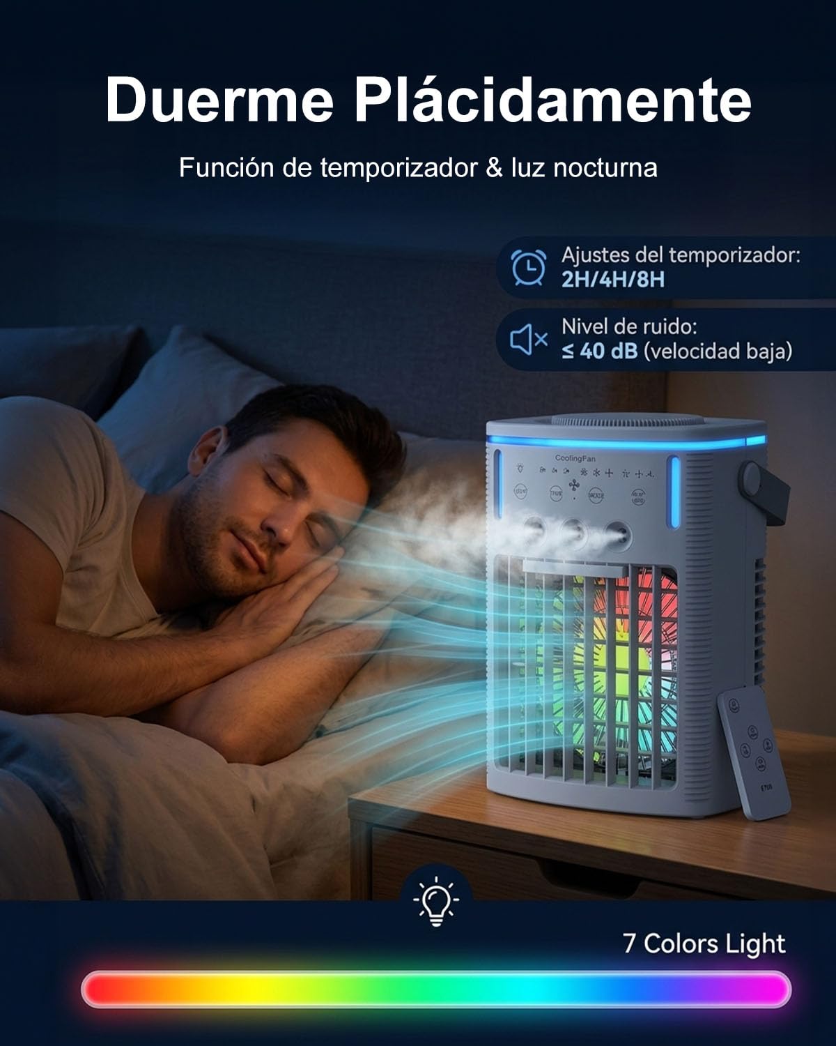 4-en-1 Mini Aire Acondicionado Portátil con Mando a Distancia, Enfriador de Aire de 1000ml con Temporizador 2-4-8H, Climatizador Silencioso con 3 Salidas de Niebla y 7 Luces LED para Dormitorio