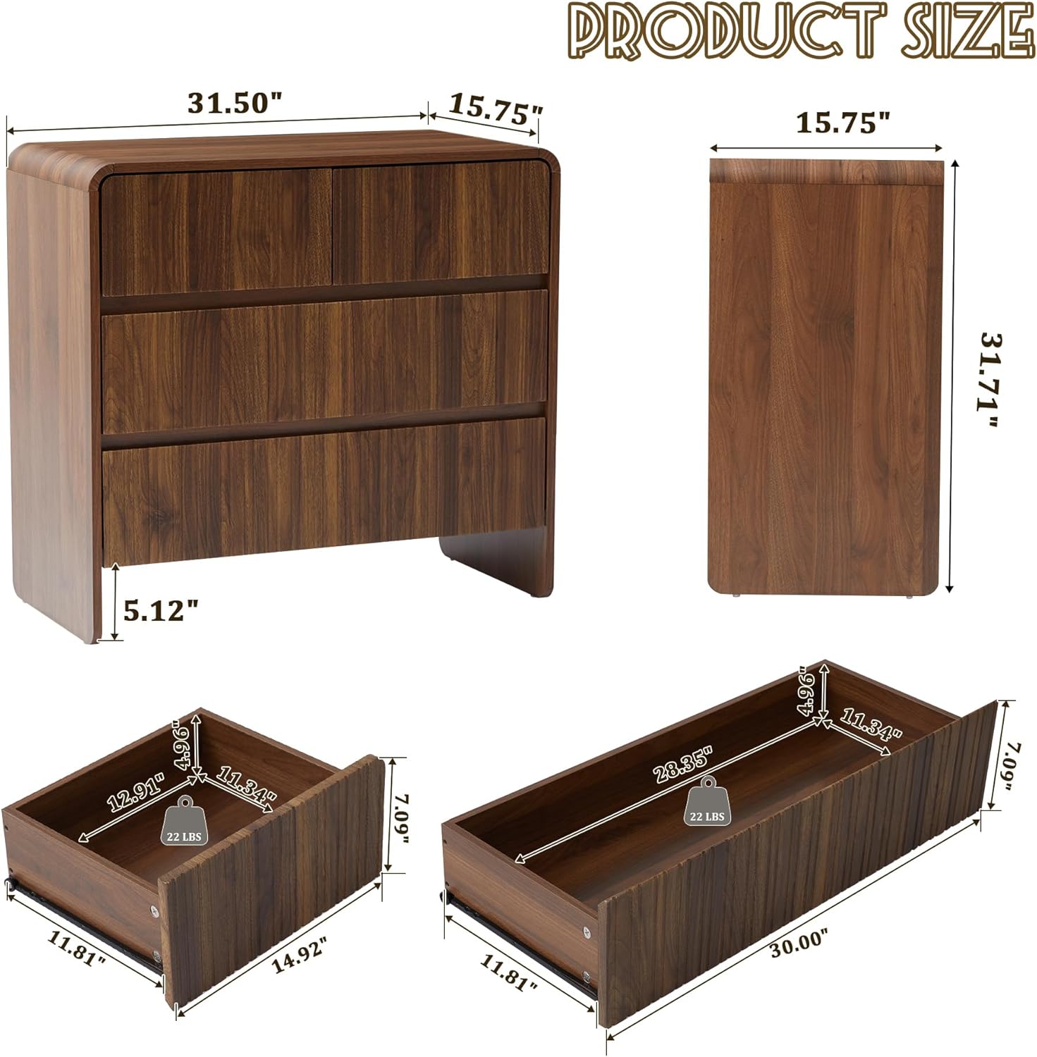 Fluted 3 Drawer Dresser for Bedroom,Mid Century Modern Wide Chest of Drawer,Curved Edge Wood Closet Dresser Nightstand for Bedroom Living Room Hallways (Walnut, Wide 3 Drawer)