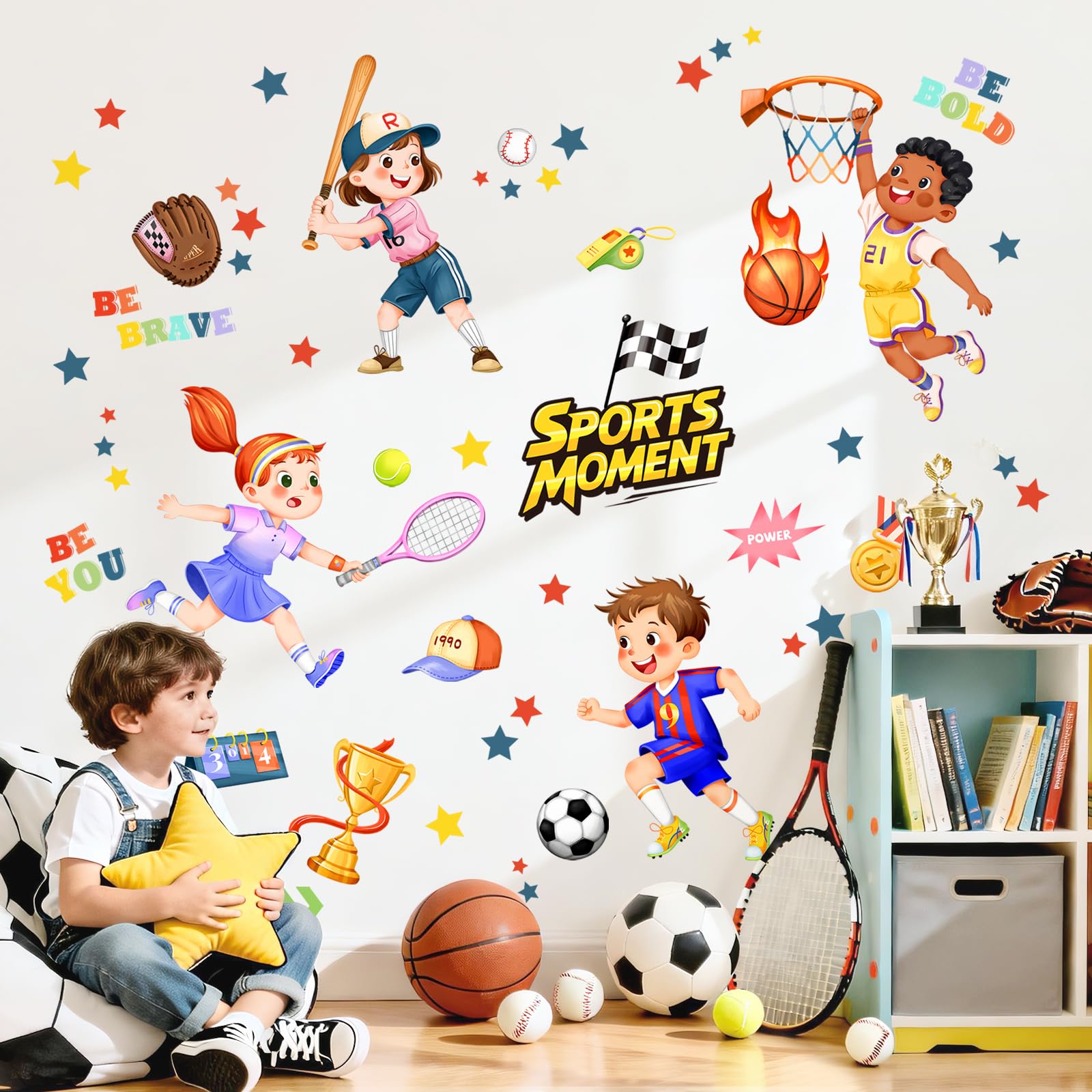 Tanlaby Sports Wall Decals Baseball Tennis Soccer Basketball Wall Stickers for Baby Nursery Kids Room Gymnasiums Gyms Classrooms Kindergartens Wall Decor
