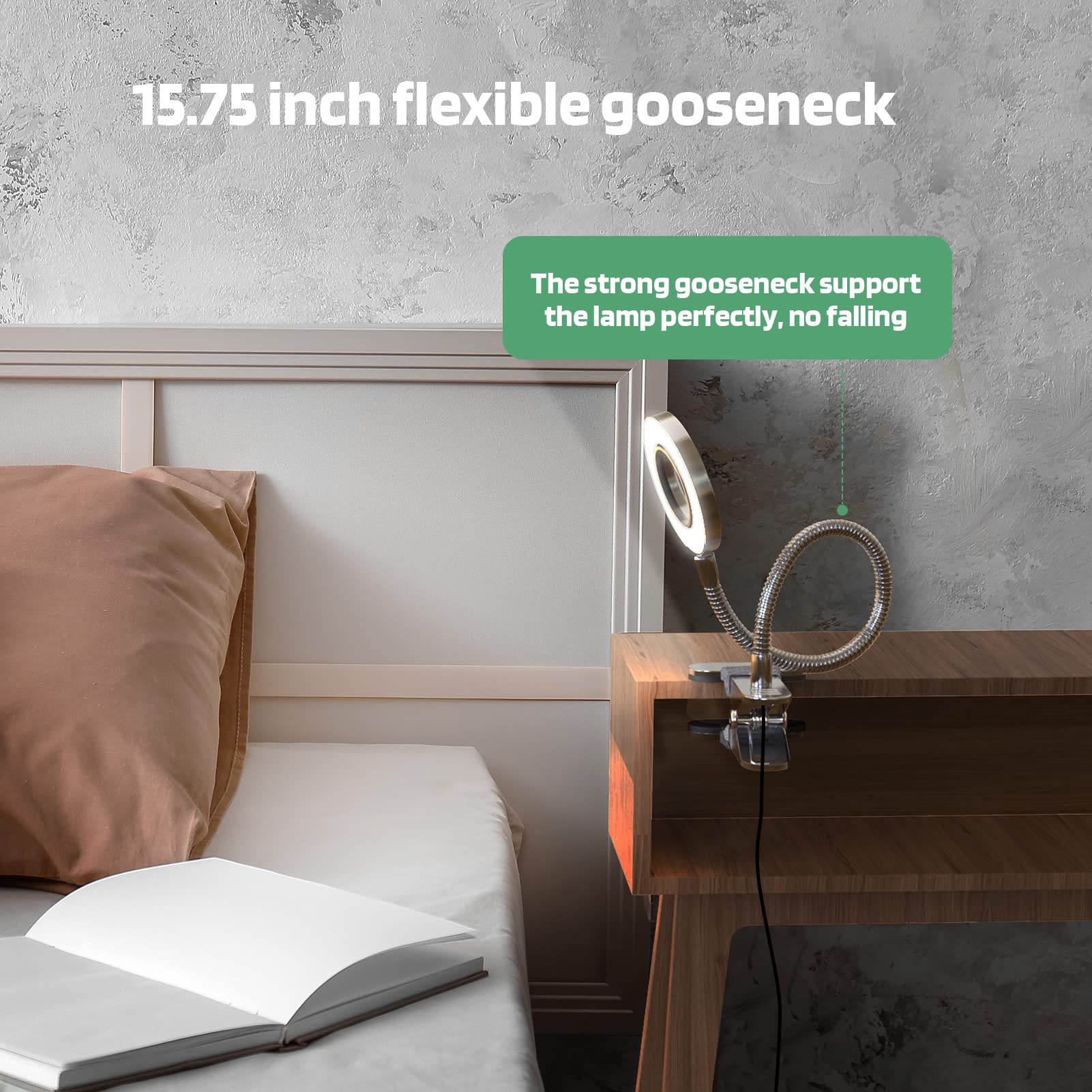 GLORIOUS-LITE LED-Licht, 36 LEDs, augenschonende Leselampe für Schlafsaal, 360° flexibler Schwanenhals mit 4 Farbmodi, dimmbares Buchlicht für Bett, Schreibtisch, Kopfteil, Computer (Silber)