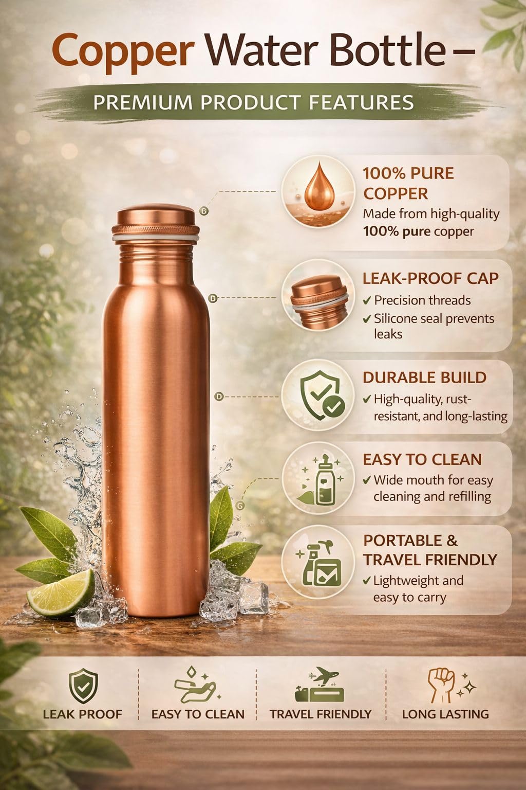 Wasserflasche aus 100 % reinem Kupfer mit Tragetasche, im Labor getestet, auslaufsicher, handgefertigt, ayurvedisches Kupfergefäß, Wasserflasche aus reinem Kupfer zum Trinken (Kupferflasche mit Tasche