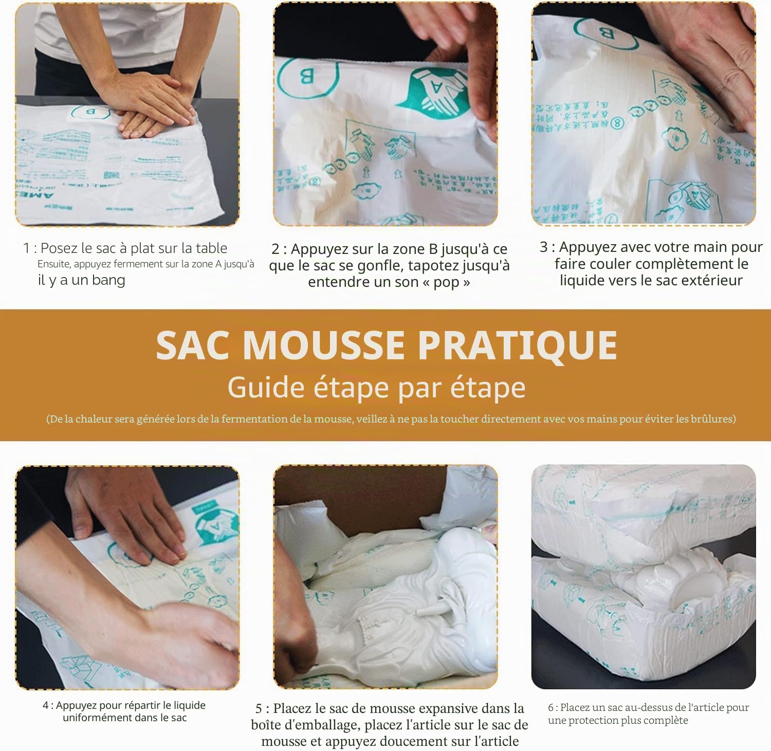 Lot de 6 sacs en mousse pour expédition, 50,8 x 61 cm pour expédition, emballage instantané, sacs d'emballage en mousse à expansion rapide, solutions d'emballage, d'expédition et d'expédition