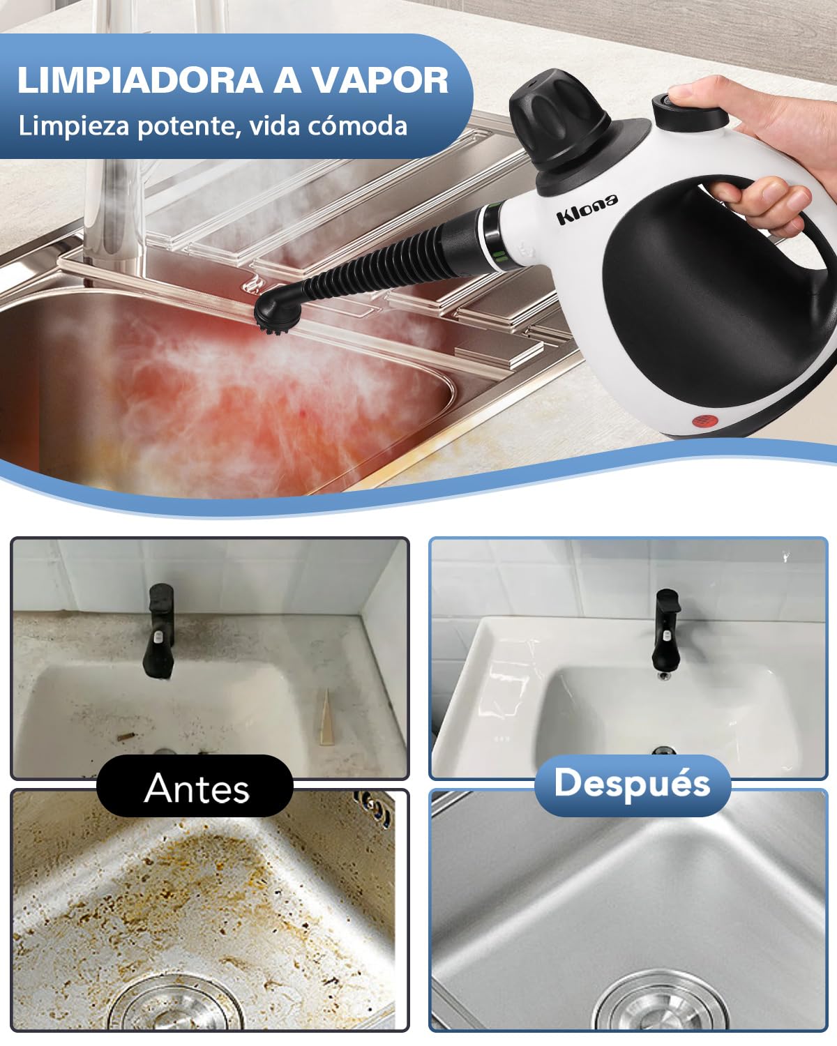 KLONA Limpiador a vapor de mano para el hogar, limpiador a vapor multiusos con 10 accesorios para alfombras, cortinas, sofás, cocina, baño y más.