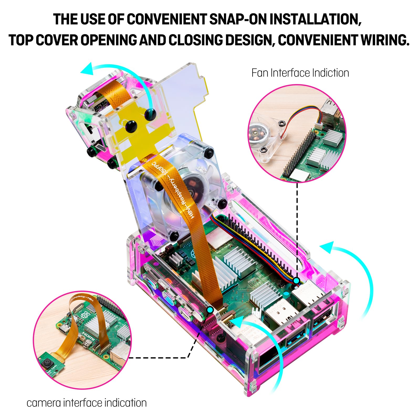 Raspberry Pi 5 Akrylowa obudowa z wentylatorem, zestaw chłodzący z wentylatorem PWM RGB 40 mm, 5 aluminiowych radiatorów, obudowa kamery RPi 5, regulowany uchwyt, kompatybilna z wyświetlaczem