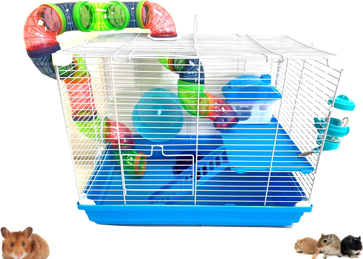 2 Floor Syrian Hamster Habitat Rodent Gerbil Mouse Mice Rats Animal Cage with Hide House Exercise Running Wheel Water Bottle Food Bowl Deep Base