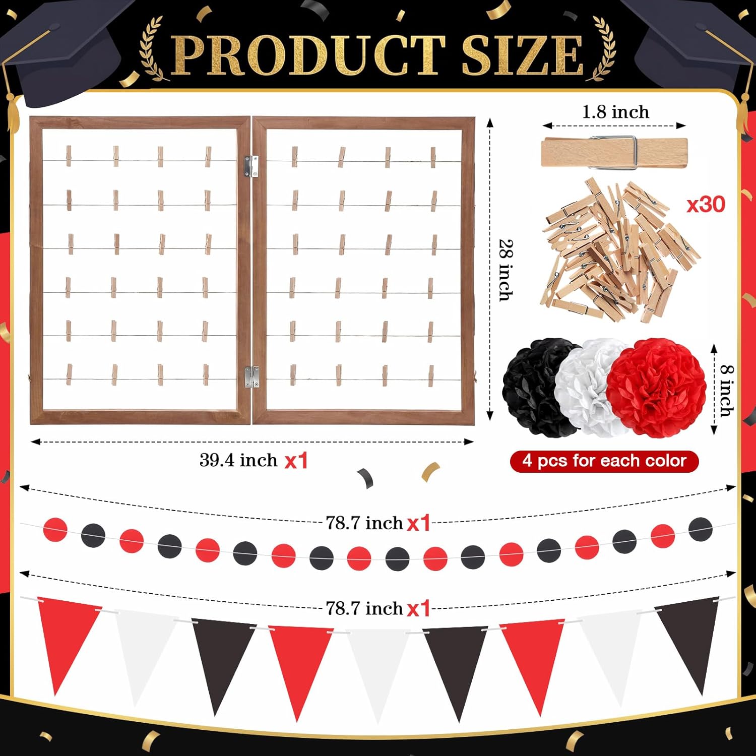 Briwooody 2026 Graduation Decorations Photo Display Rack with Clips Tissue Pompoms Wooden Photo Display Board Rustic Collage Picture Frame for Graduation Party Table Wall Decor (Red Black White)