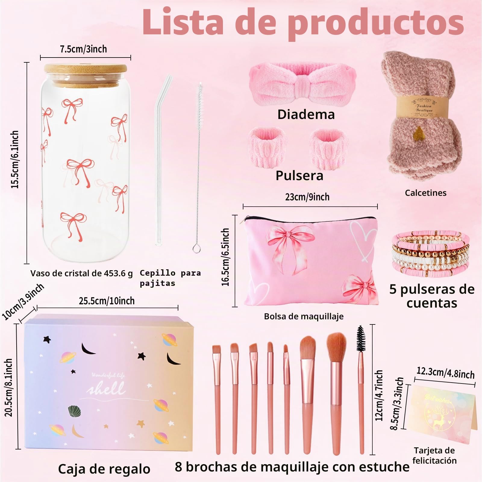 Regalos para niñas adolescentes de 9 a 16 años, regalo de cumpleaños para niñas, vaso de cristal, vaso con pajita y tapa, pincel de maquillaje, neceser de maquillaje, pulsera, calcetines
