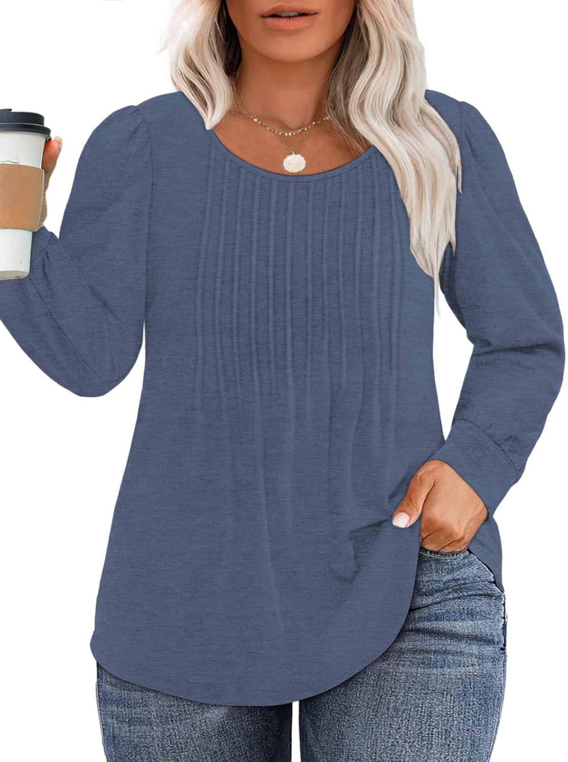 VISLILY Womens-Plus-Size-Dressy-Tops Trendy Puff Long Sleeve Shirts Cute Flowy Pleated Blouses Casual Crewneck Tunics XL-5XL