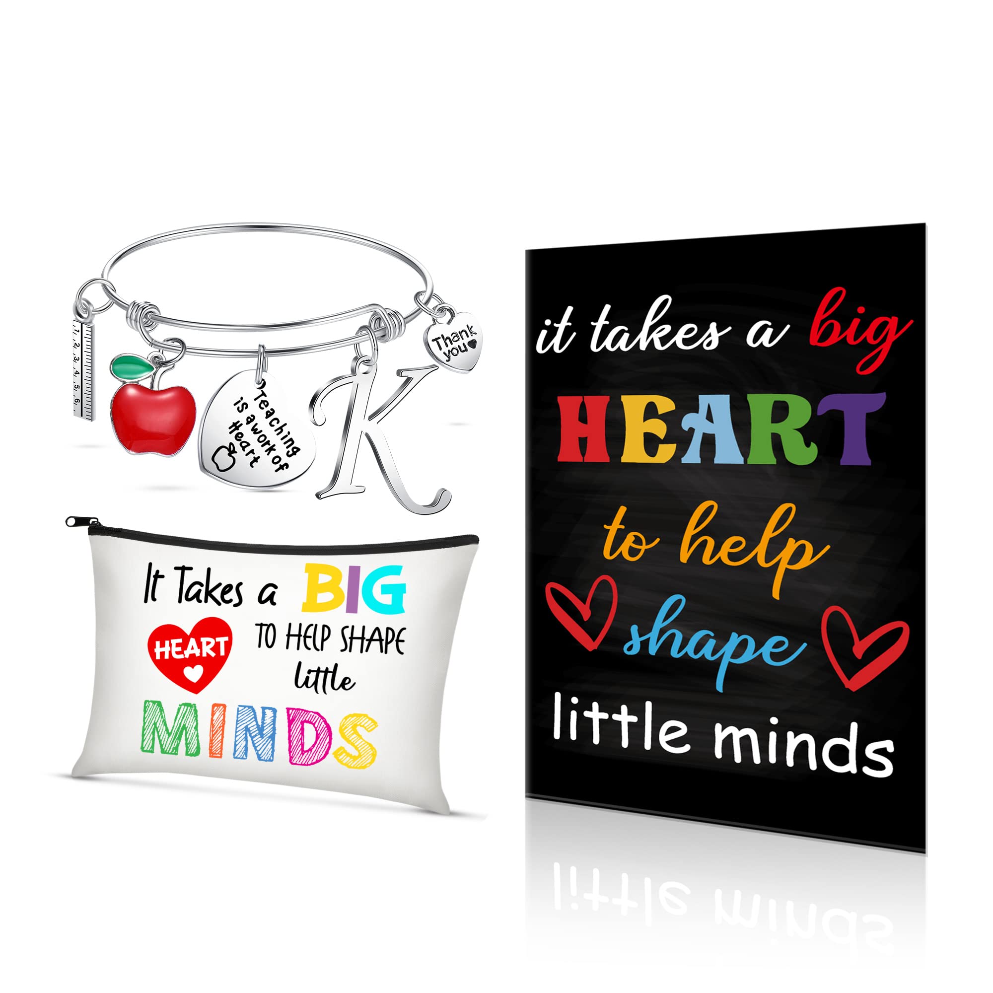 Kenning 3 Pieces Teacher Appreciation Gift Set, Teacher Inspirational Notebook with Quotes, Teacher Makeup Bag with Zipper and Teacher Bracelet with Initial for Women Teacher School Office (Letter K)