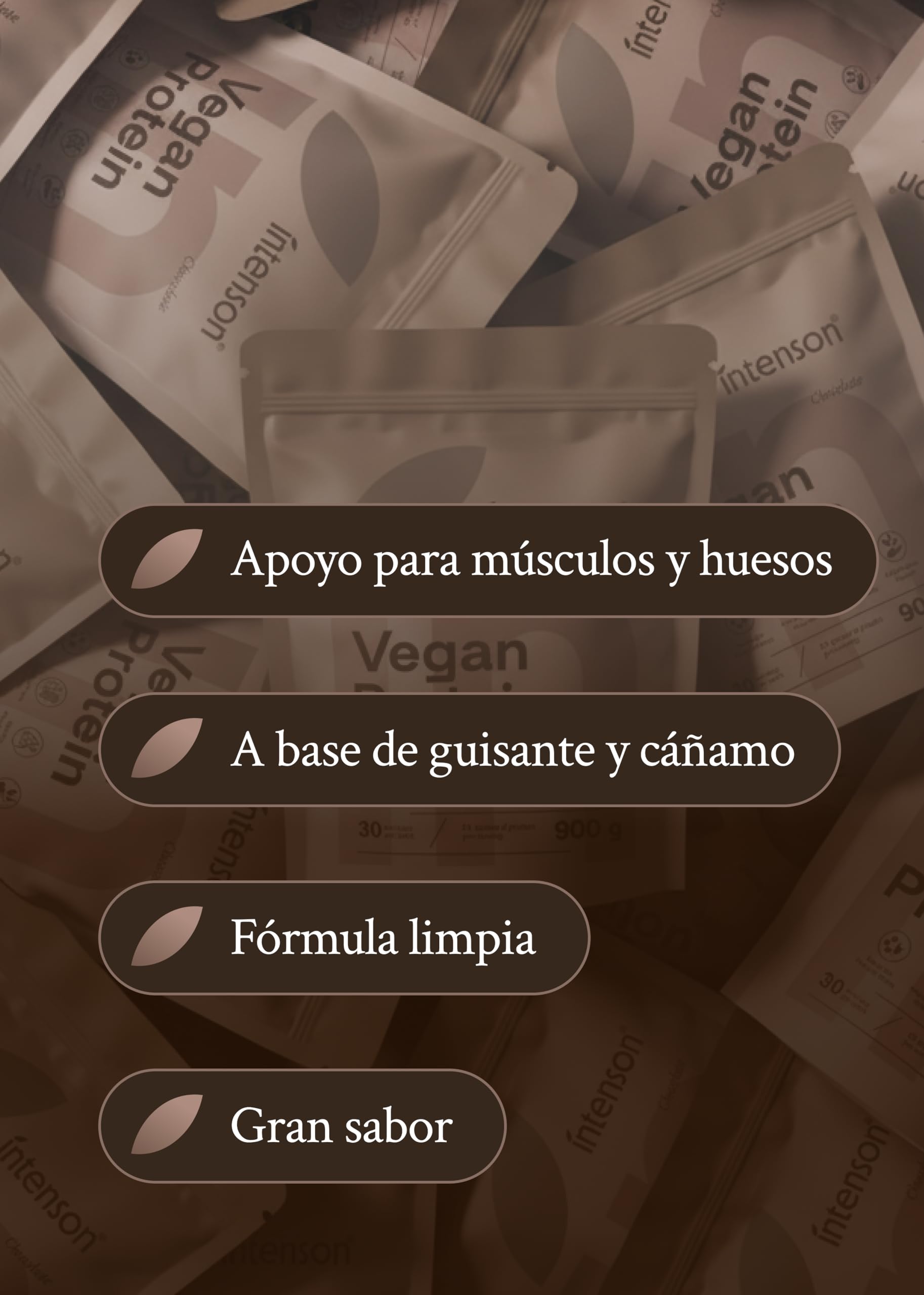 Intenson Vegan Protein Powder Chocolate, 900 g, 21 g de Proteína por Porción, 30 Porciones, Mezcla de Guisante y Cáñamo, 100% Vegetal, Sin Lactosa, Sin Gluten, Sin Azúcar, Fórmula Clean