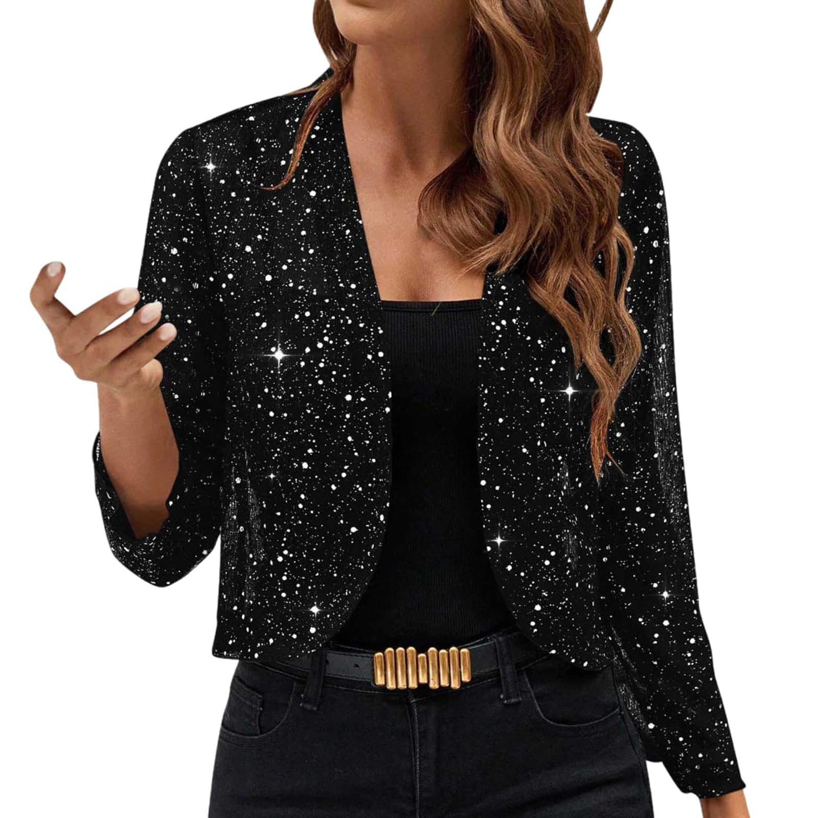 Sequin Jackets For Women Sparkly Glitter Open Front Tops Cropped Blazer 3 4 Sleeve Cardigan Lightweight Holiday Jacket