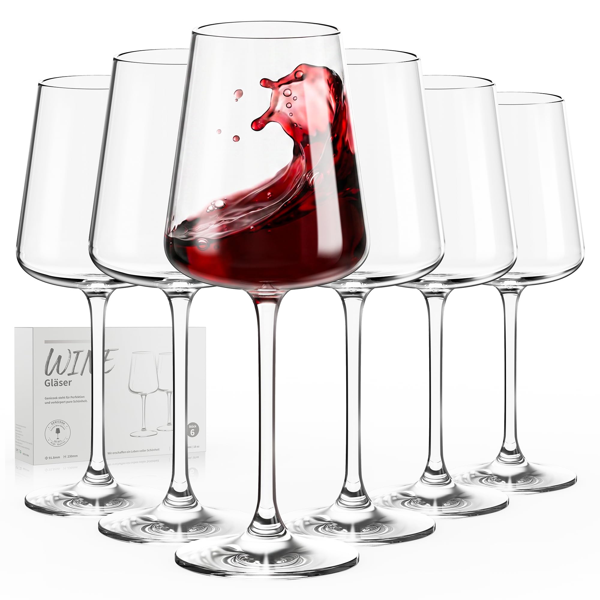 GENICOOK Rotweingläser 6er Set 530 ml – Mundgeblasene Kristallglas Weingläser, bleifrei & spülmaschinenfest, dünnrandig mit langem Stiel – elegante Weinkelche für Rotwein, Weißwein & Geschenkidee