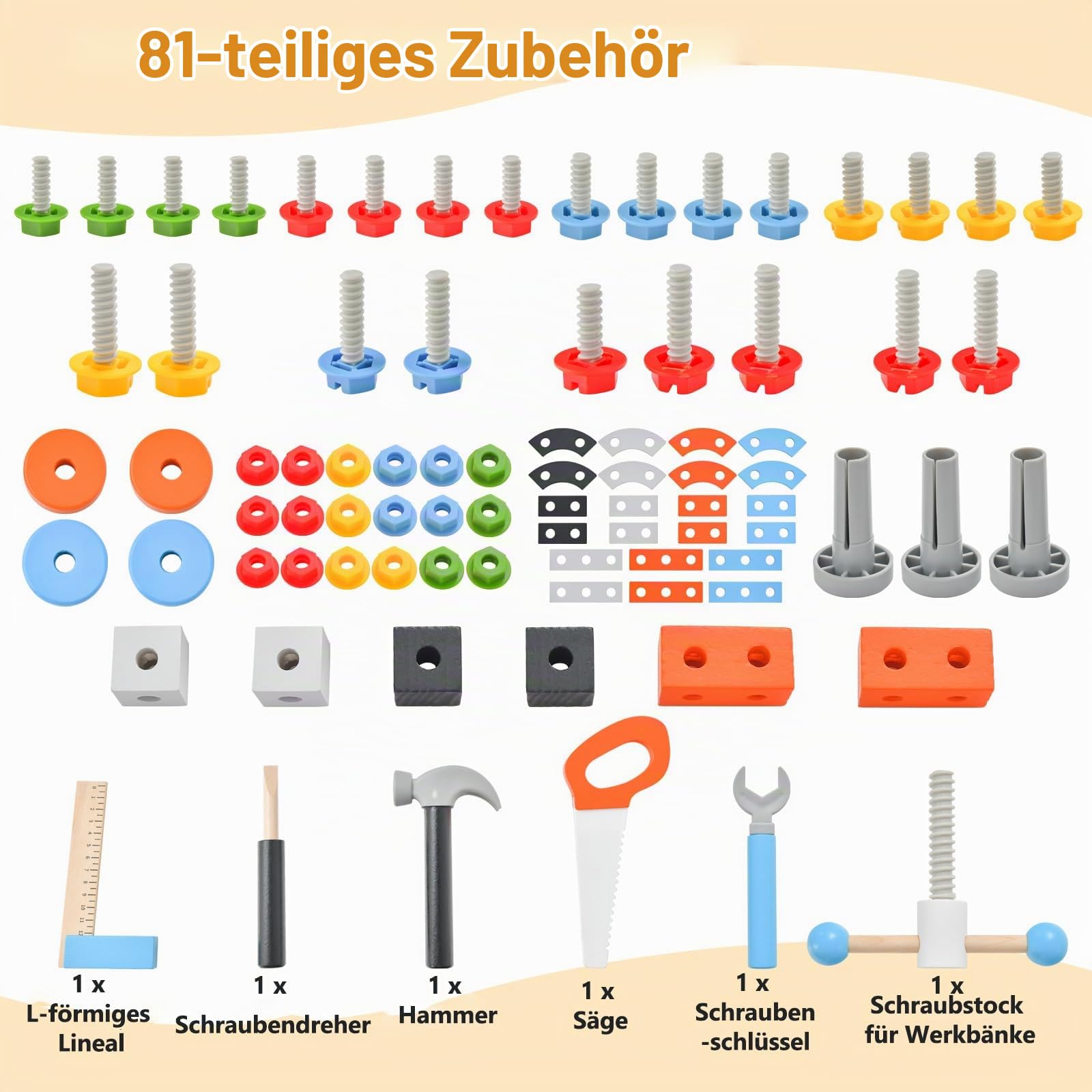 DREAMADE Werkbank Kinder, Werkzeugbank für Kinder aus Holz mit 6 Werkzeugen und 75 Zubehör, Werkzeug Spielzeug Set mit Kreidetafel und hängendem Werkzeughalter, Werkbank für Kinder ab 3 Jahren