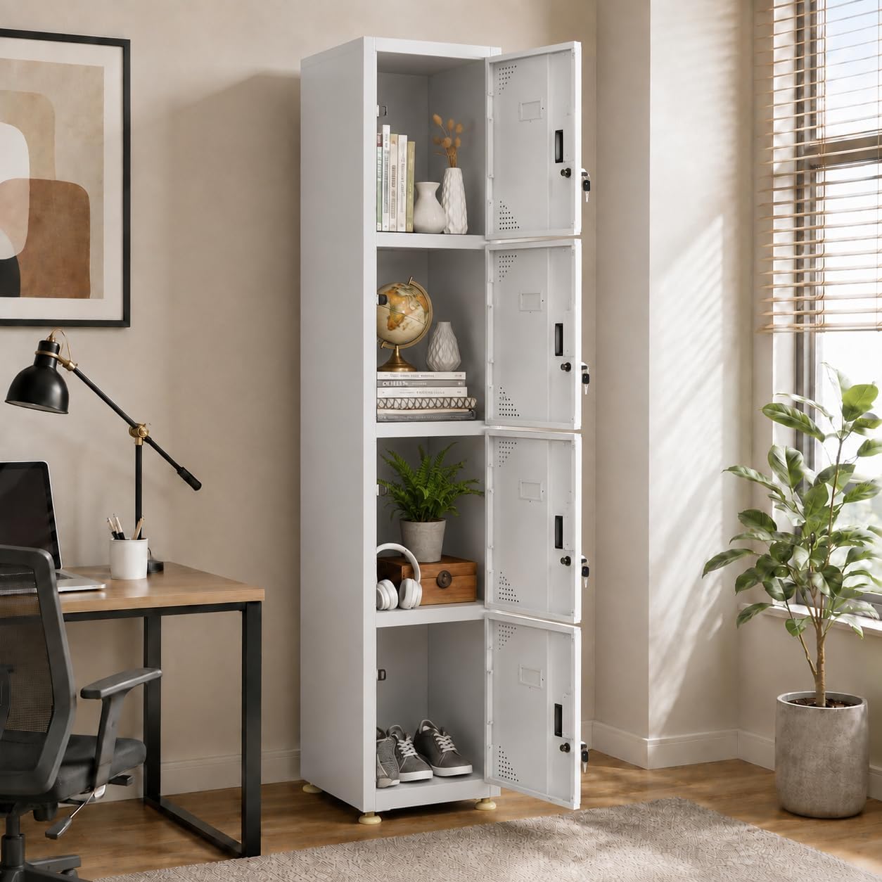 Shubham Furnitures 4 Door Steel Staff Locker Cabinet | Heavy Duty Lockable Storage Cupboard for Office Gym School Factory Hospital | Powder Coated Metal Personal Storage Locker Light Grey