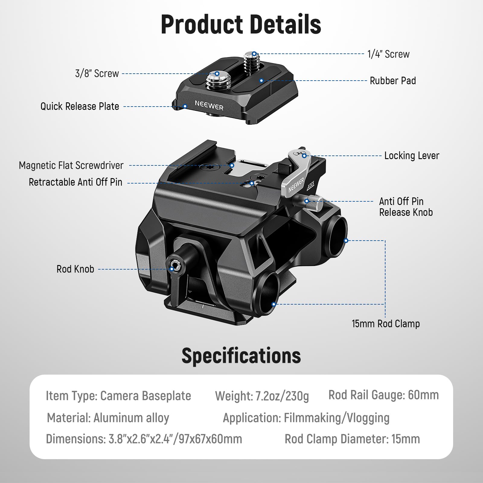 Amazon.com : NEEWER 15mm LWS Baseplate with Arca Type QR Plate
