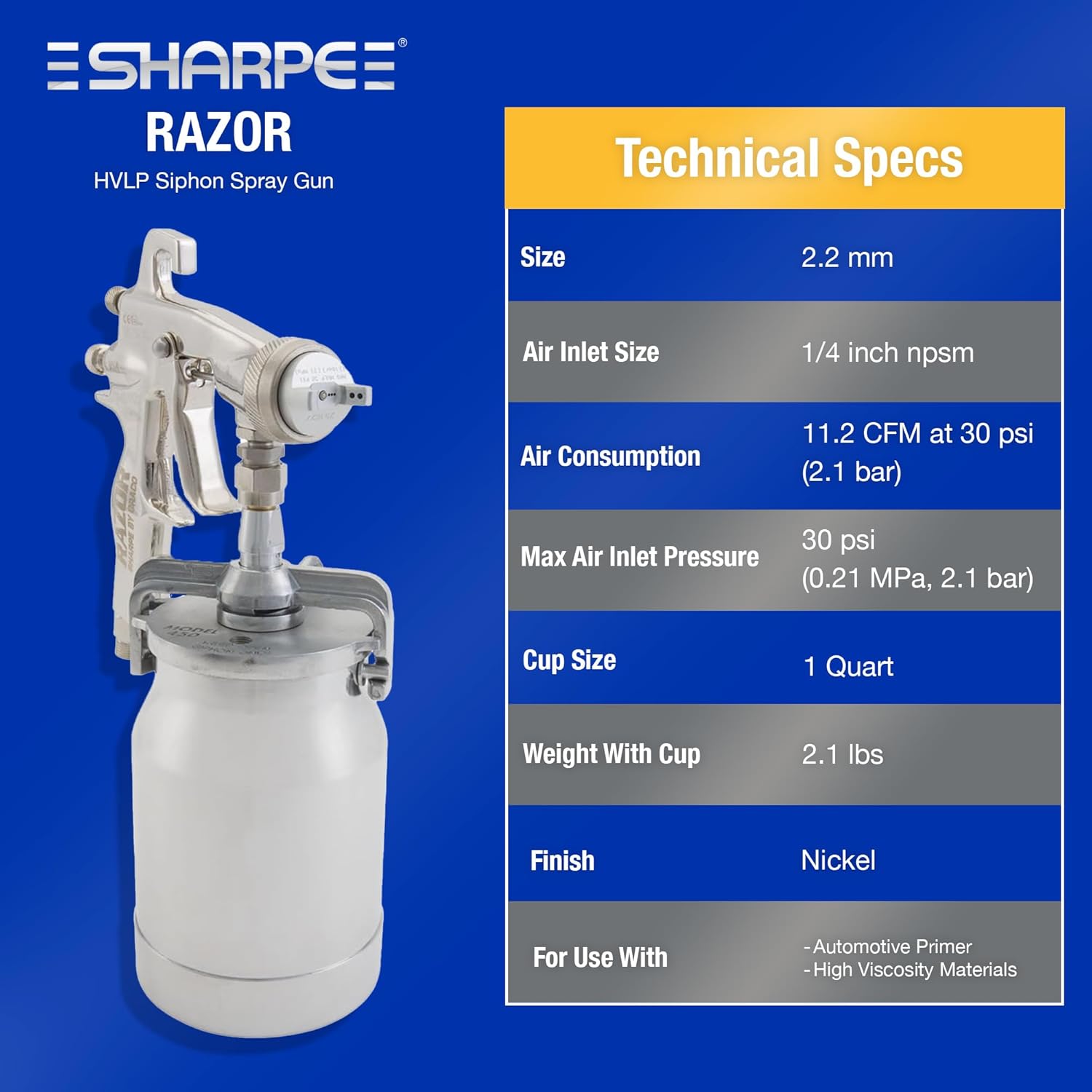 SHARPE Razor HVLP Siphon Air Spray Gun, Siphon Feed, (2.2 mm) with 1 Qt Cup 287961