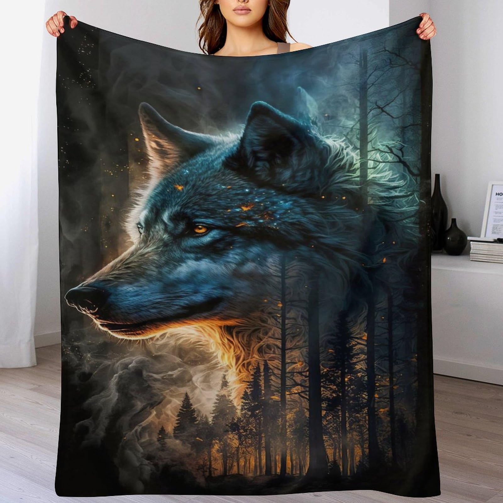 Couverture en flannel moelleuse loup lavable en machine et ultra chaude
