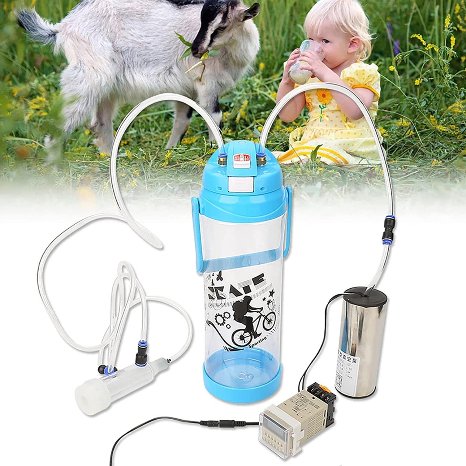 sjdoPulse Electric Cows Milking Machine, Electric Pulsating Goat Milking Machine, Pulsating Milking Machine With Cleaning Brush, Double Heads Milking Device Kit For Sheep Cows Goat