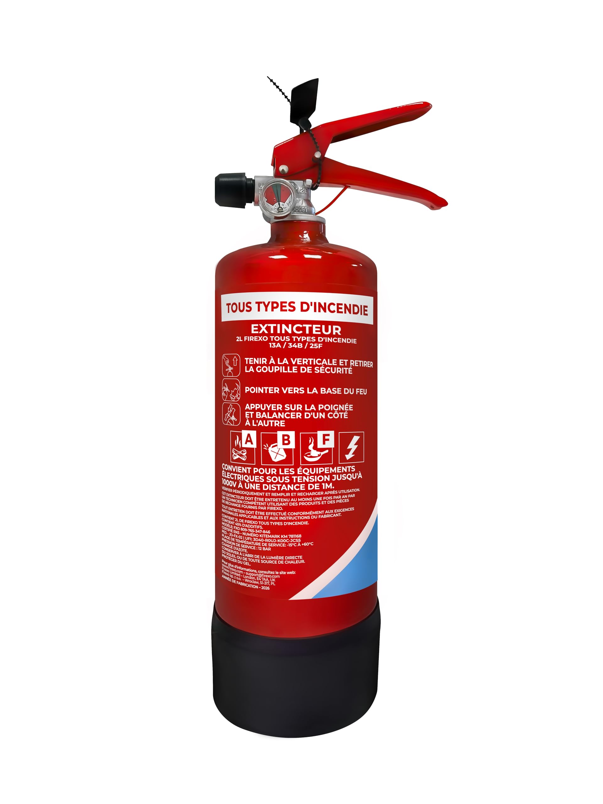 Firexo Extincteur (2 Liter) - Extincteur Maison Tous Feux, Batterie Lithium, Bureau, Cuisine, Voiture, Travail, Restaurant, Bateau - Fire Extinguisher for All Fires