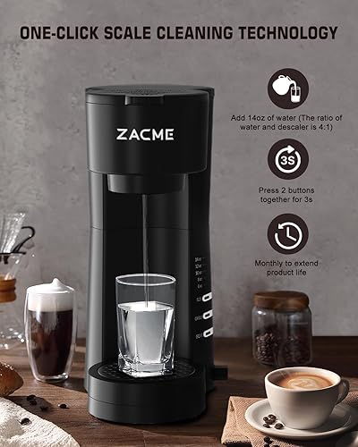 Miniatura 8 de ZACME Cafetera de una sola porción 4 en 1 para taza K y molida, cafetera pequeña con espumador de leche y molinillo, tamaño 5 de preparación, tanque