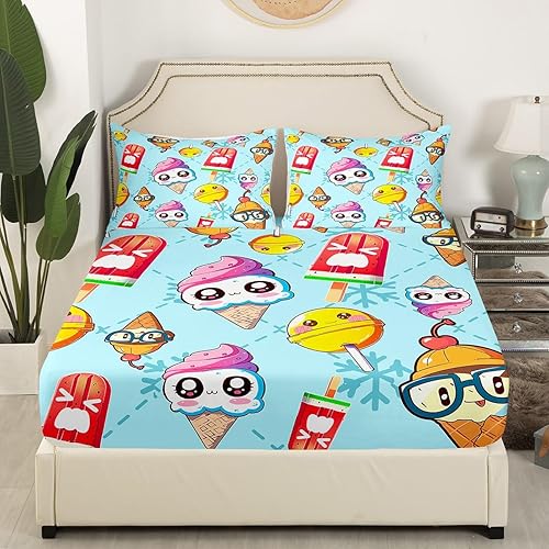 Miniatura 2 de Lindo juego de ropa de cama de helado tamaño Queen, sábana bajera ajustable de 3 piezas con temática de comida dulce de dibujos animados para niñas,