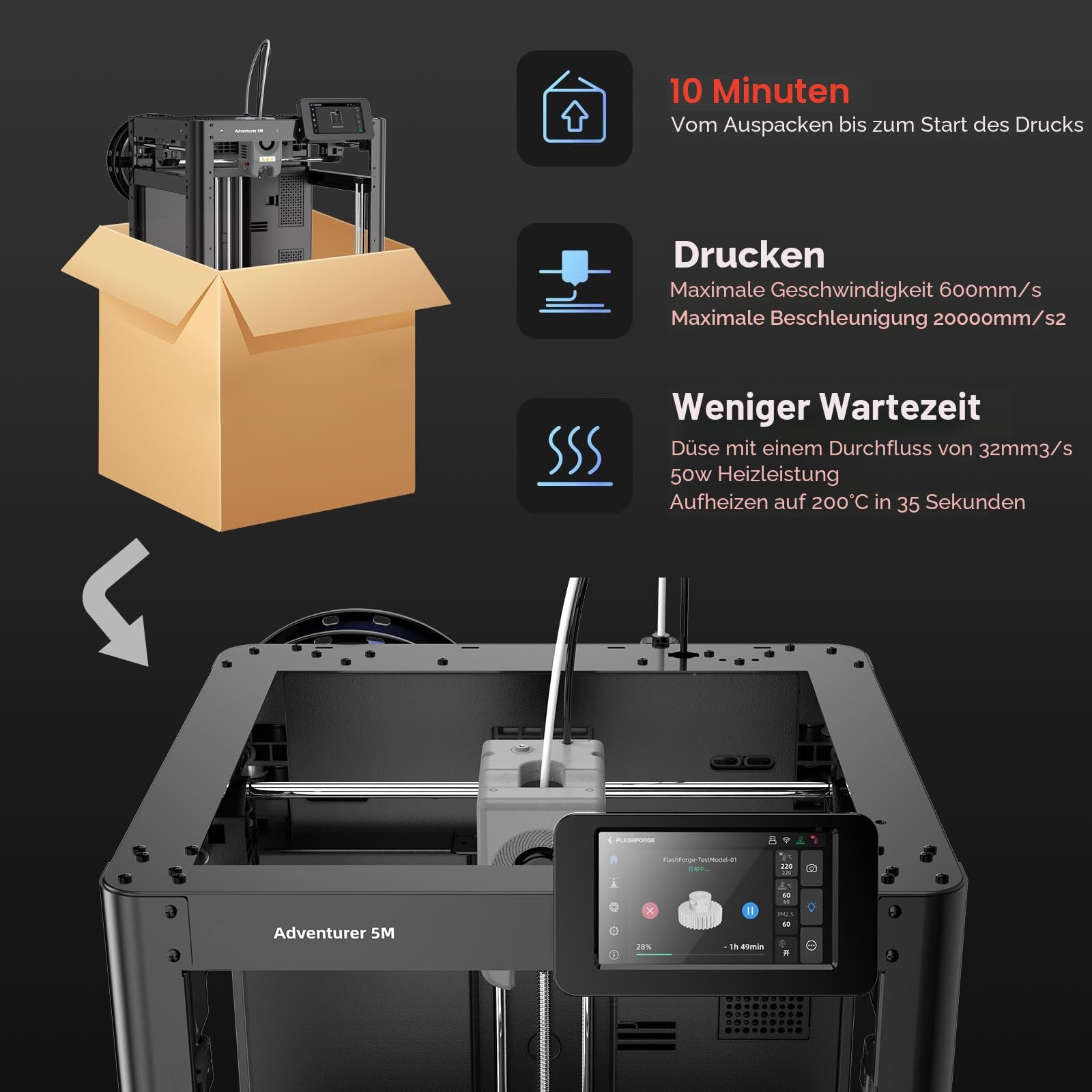 Flashforge Adventurer 5M 3D-Drucker, 600mm/s CoreXY, Auto-Leveling, 220³