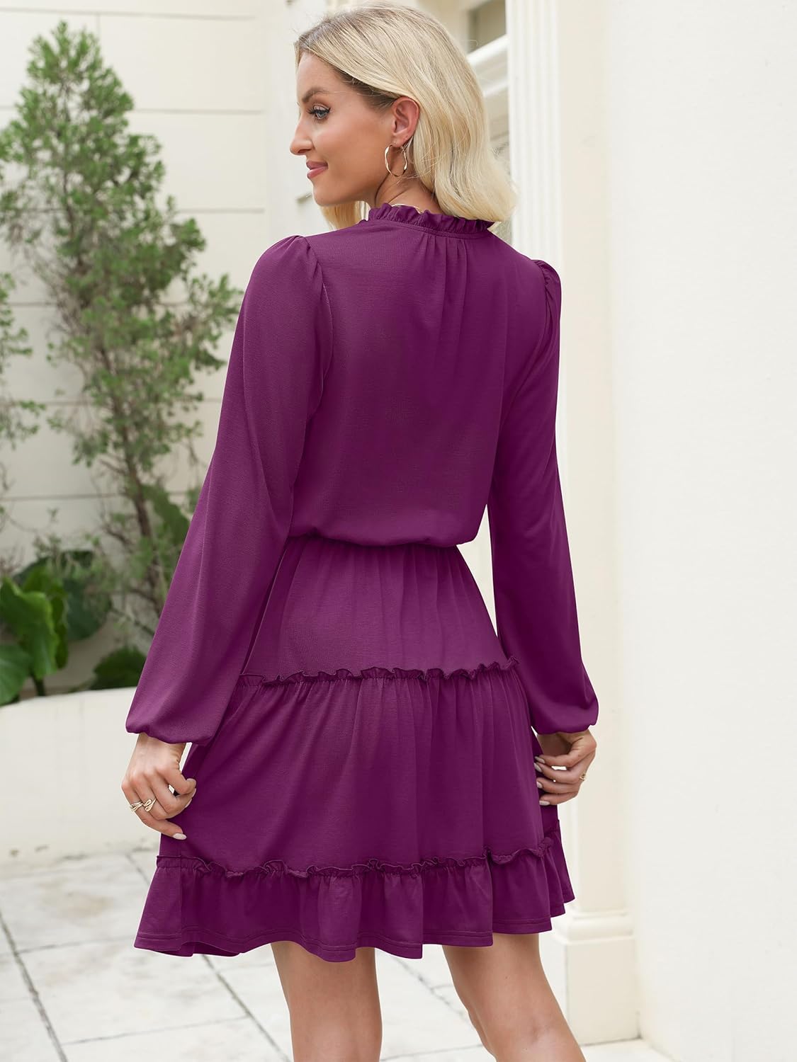 Caracilia Long Sleeve Dress for Women Fall 2025 Casual V Neck High Waist Tiered Ruffle Aline Swing Tunic Short Mini Dresses - Image 6