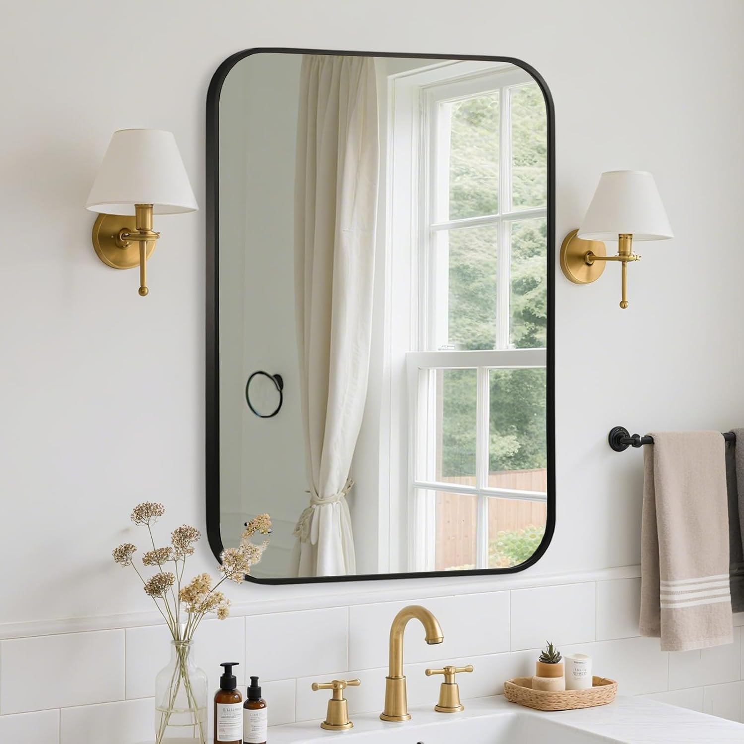 farmer 24x36 inch black bathroom mirror, rectangle vanity mirror, brushed mirrors for wall, metal frame hanging mirror with round corner for bedrooms, entryways, living rooms, horizontal/vertical 36"l x 24"w black(round corner)