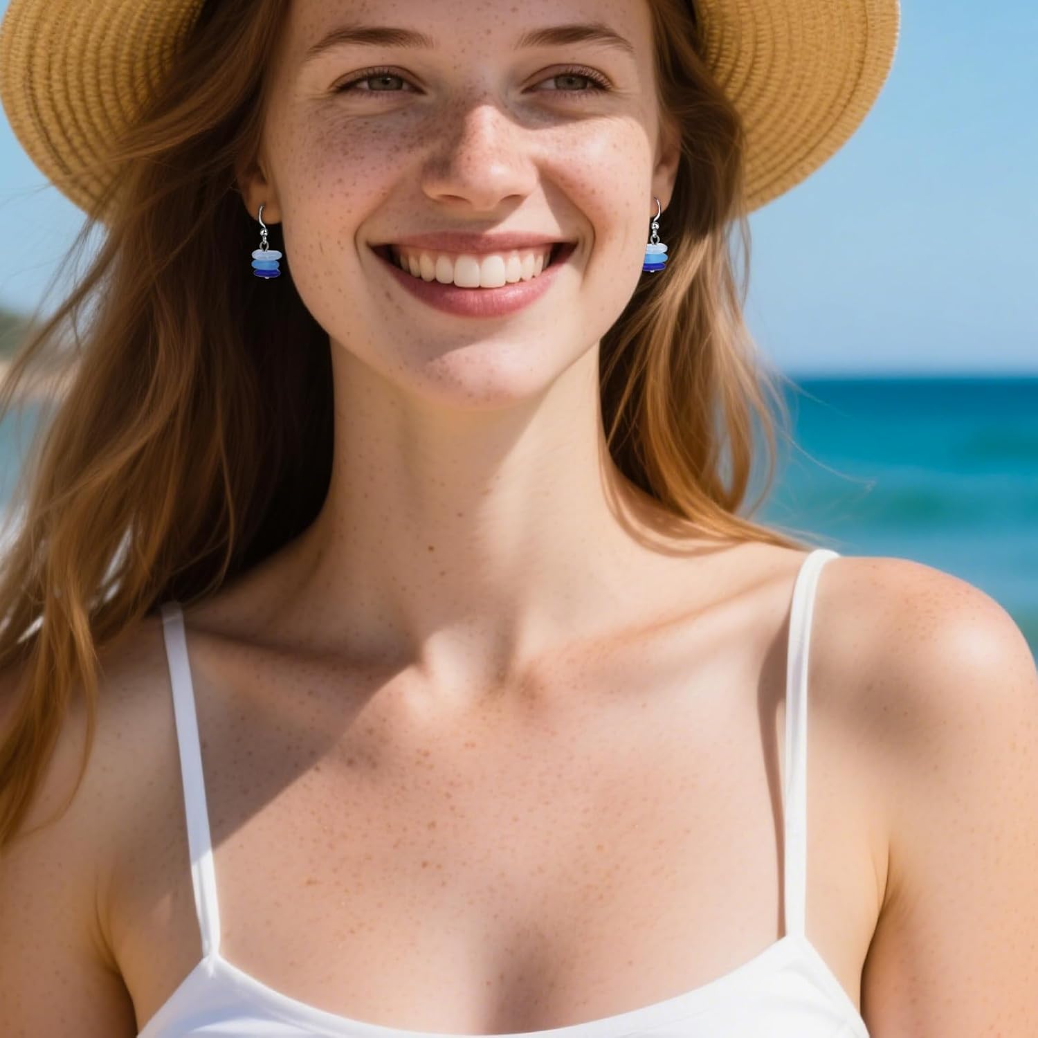 Sea Glass Drop Dangle Earrings for Women – Handcrafted Beach Earrings with Gradient Blue Beads, Silver Sea Glass Jewelry for Summer Vacation - Image 5