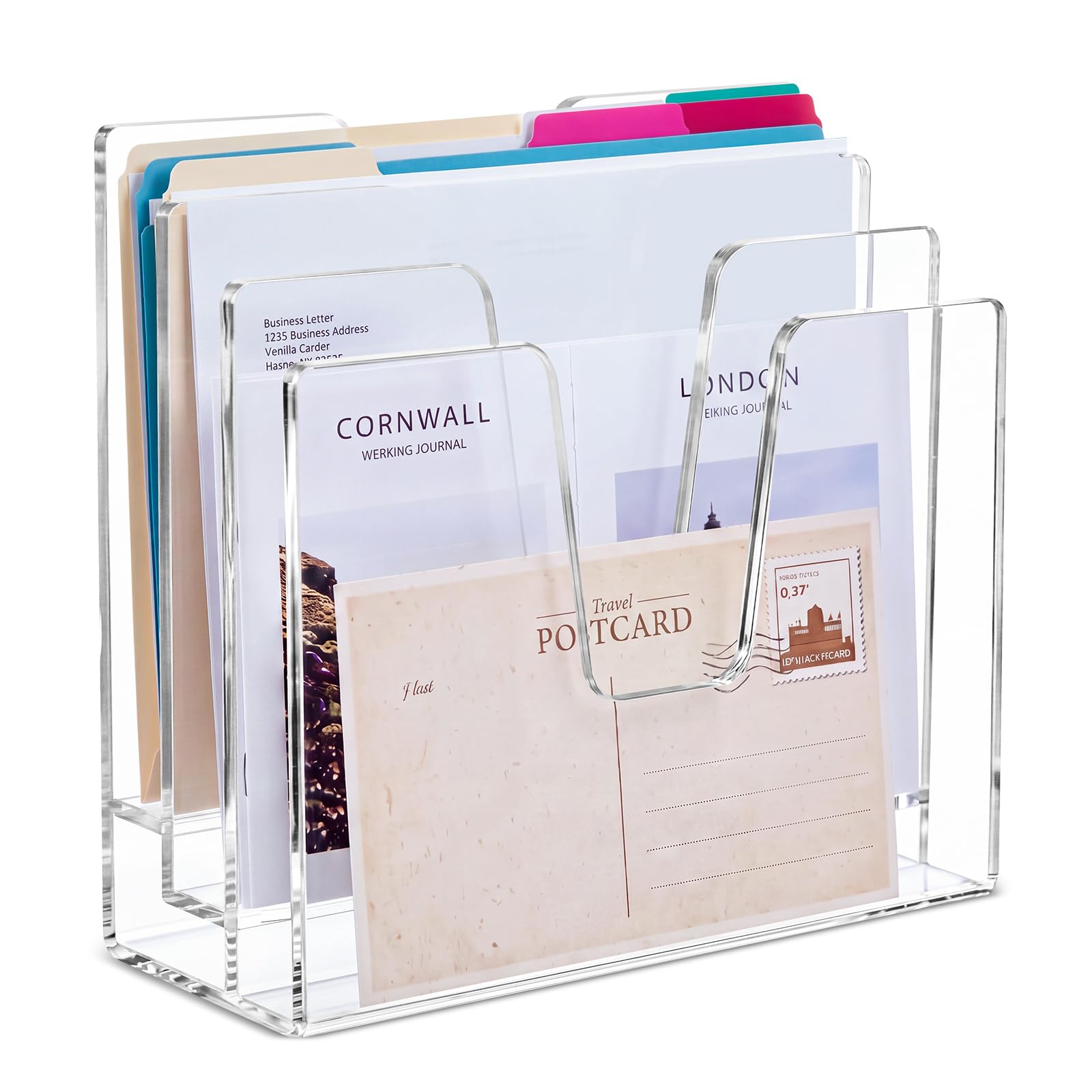 3 Section Clear Acrylic File Organizer, Inclined Desktop File Sorter