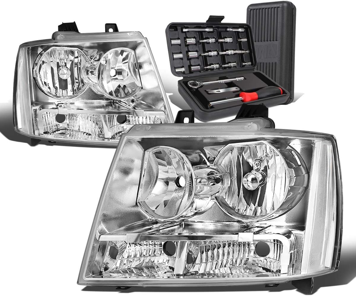 Auto Dynasty [Halogen Model Factory Style Headlight Lamps Assembly and Tool Kits Compatible with Chevy Tahoe Suburban 1500 2500 Avalanche 07-14, Driver and Passenger Side, Chrome Housing Clear Lens