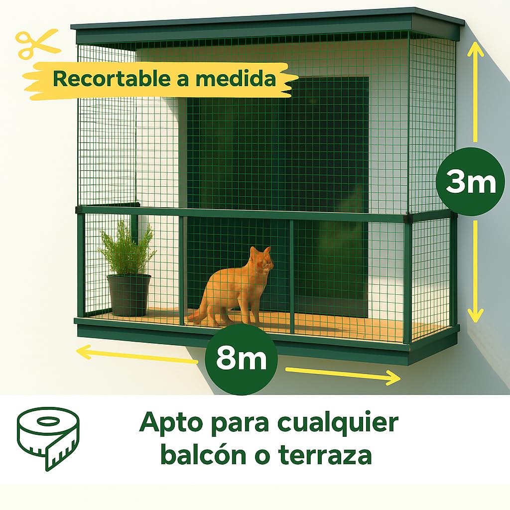 Red para Gatos Terraza Reforzada con Acero 8 x 3 m. con o SIN Taladro. Kit de Instalación Incluido Red para Gatos Ventanas y Balcones