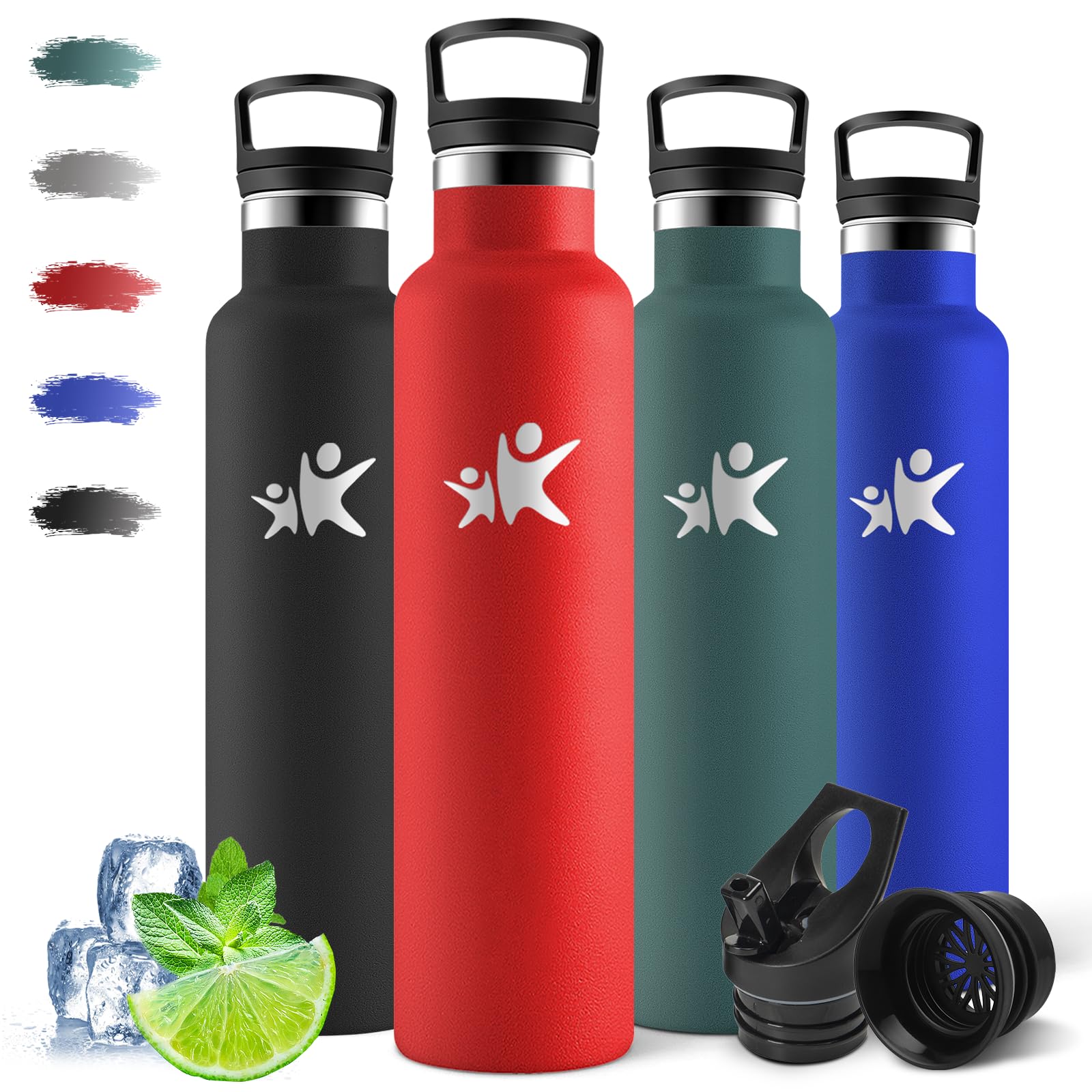Insulated Water Bottle, 1000 ml BPA Free, Stainless Steel Water Bottle, 18/8 Stainless Steel, 2 Lids (Incl. Straw), Water Bottles Ideal for Camping, Gym, Office - Red
