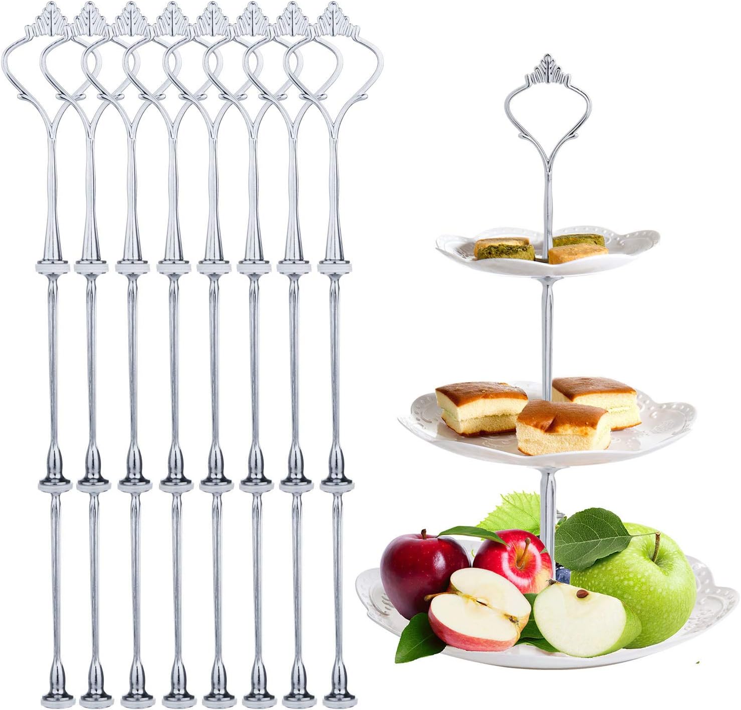 8 Set of Cake Plate Stand Fittings, MOOKLIN Silver Cake Display Stand Centre Rod Heavy Cake Stands 2 Or 3 Tiers for Birthday Wedding Party Ceremony (Plates are not Included)