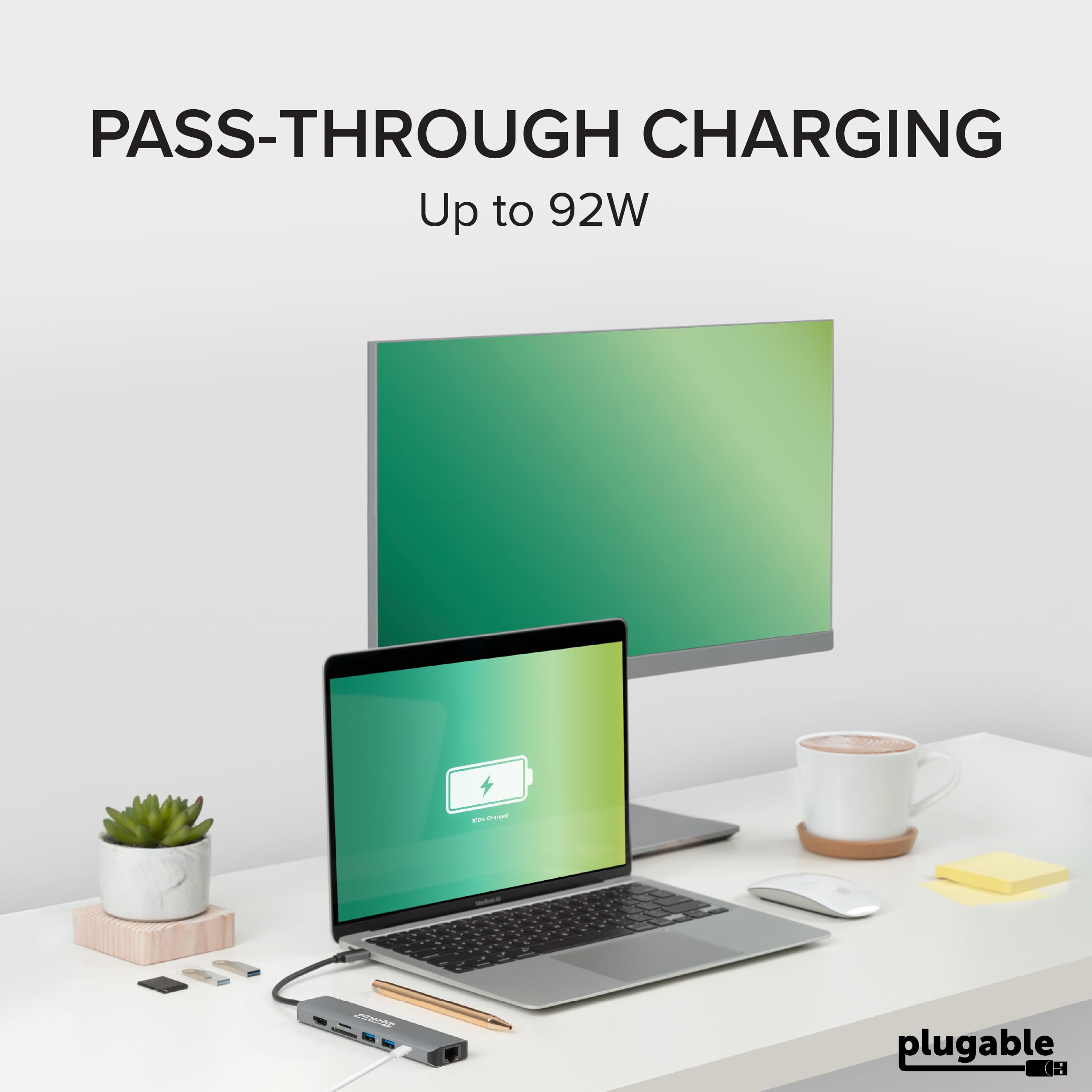 Plugable 7 en 1 Hub USB C Adaptateur Multiport avec Ethernet Compatible avec Mac, Windows, Chromebook, Dell XPS et Thunderbolt 3 (87W Charge, Gigabit Ethernet, 4K HDMI, 2X USB, SD/microSD)