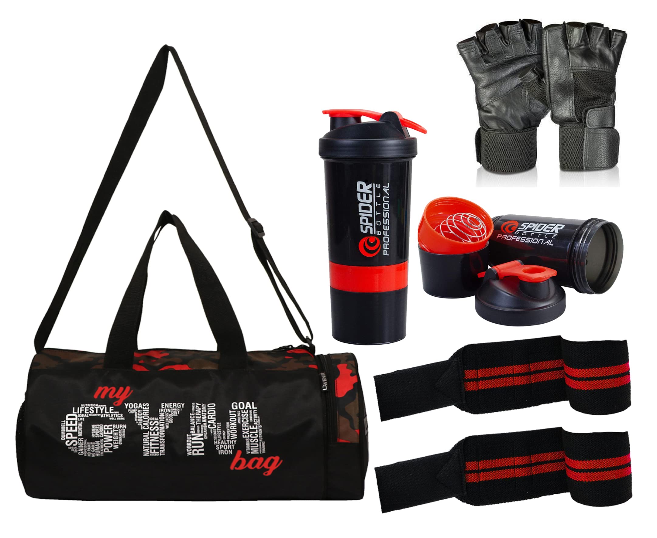 L'AVENIR polyester 22 Cms Duffle Bag(GYM FAUJI + SHAKER, WRIST, GLOVE - RED_Black)-picture-10