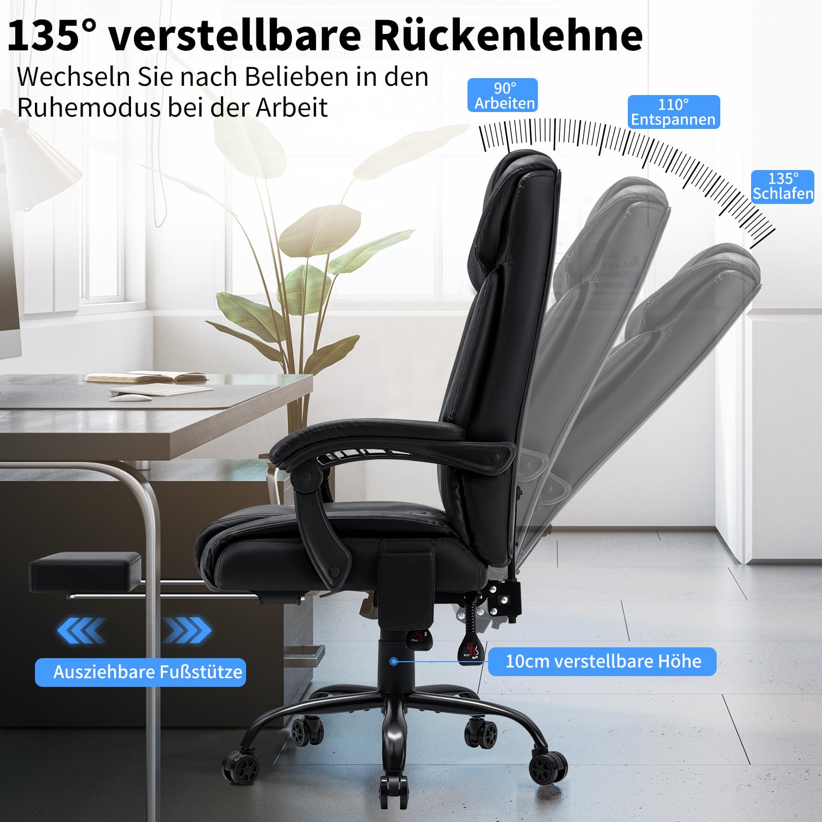 HOFFREE Ergonomisch Bürostuhl mit Massagefunktion und Heizfunktion Chefsessel Leder mit Fußstütze, Höhenverstellbar, Verstellbare Rückenlehne, Massagesessel für Büro & Home Office, Schwarz