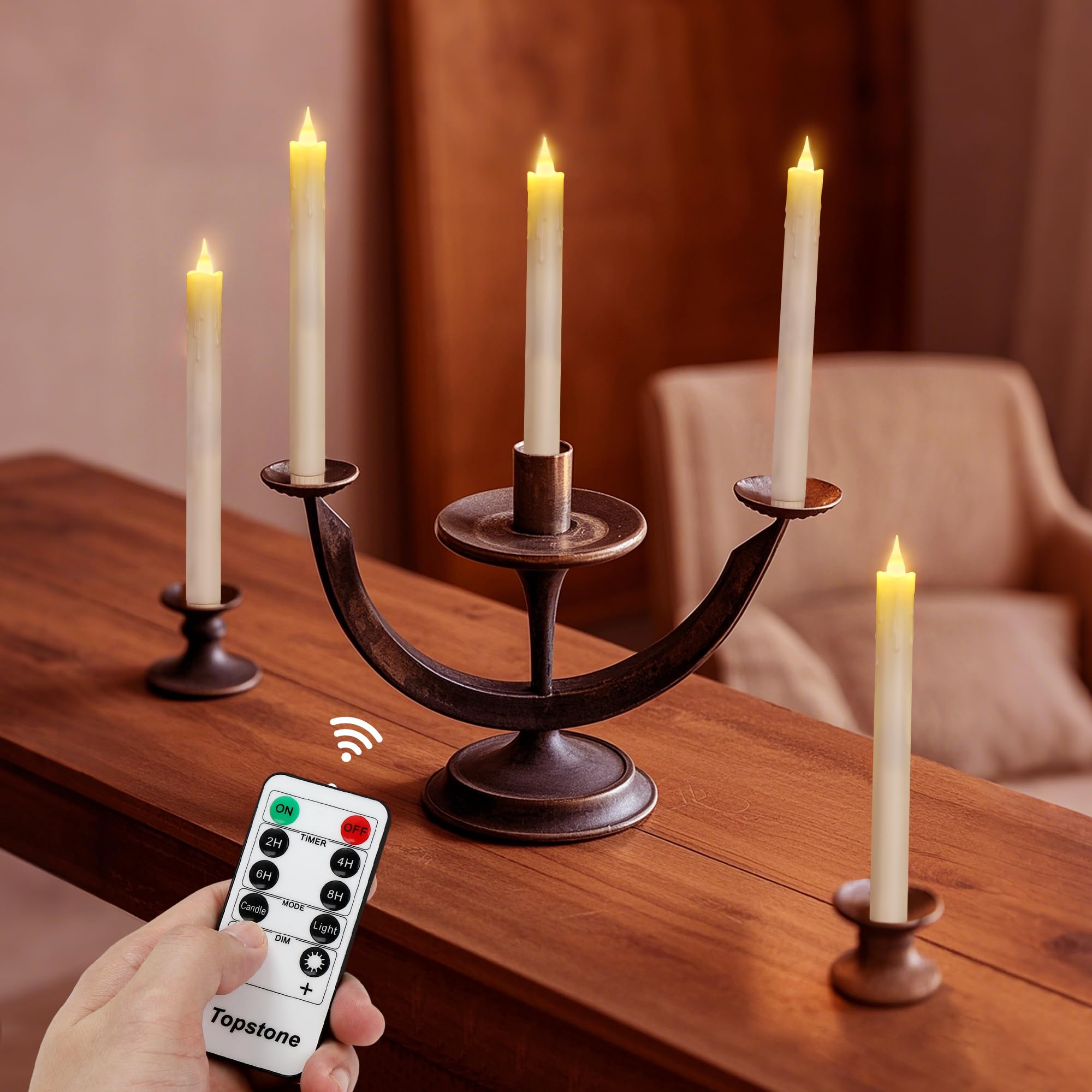 Topstone Velas cónicas con control remoto, velas decorativas sin llama de 9.5 pulgadas, funcionan con pilas con temporizador y función de atenuador, velas cónicas LED sin goteo, juego de 6