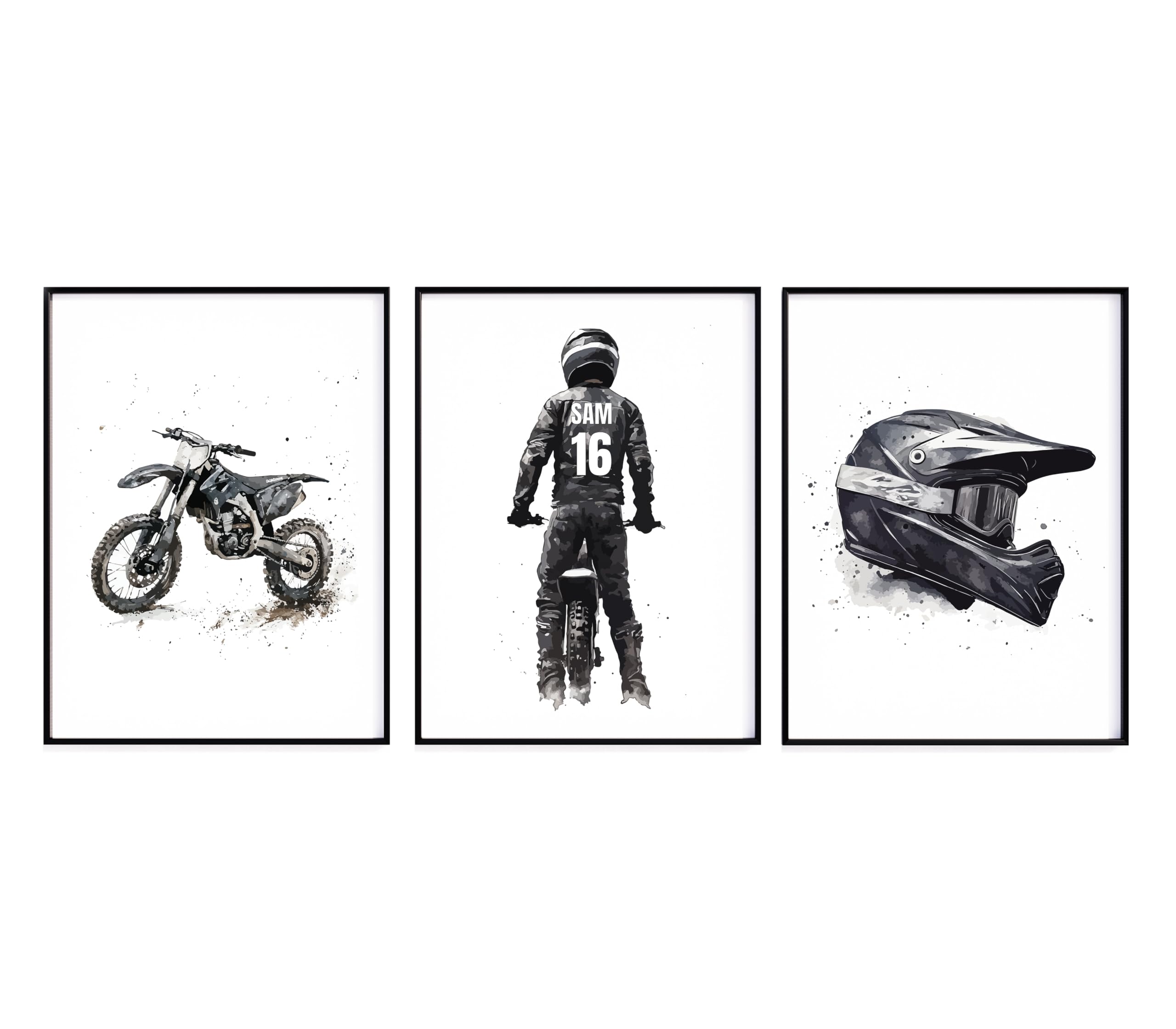 Personalised Black Motocross Prints, Dirt Bike Print, Motorcycle Print, Motocross Wall Art, Dirt Bike Wall Art, Boys Bedroom Decor, Motocross Poster (3 A4 Prints Only)