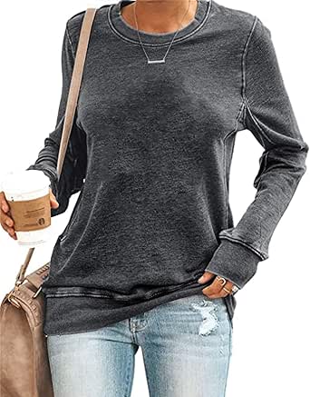 SENSERISE Womens Casual Crewneck Sweatshirt Long Sleeve Solid Color Shirt Soft Lightweight Loose Top