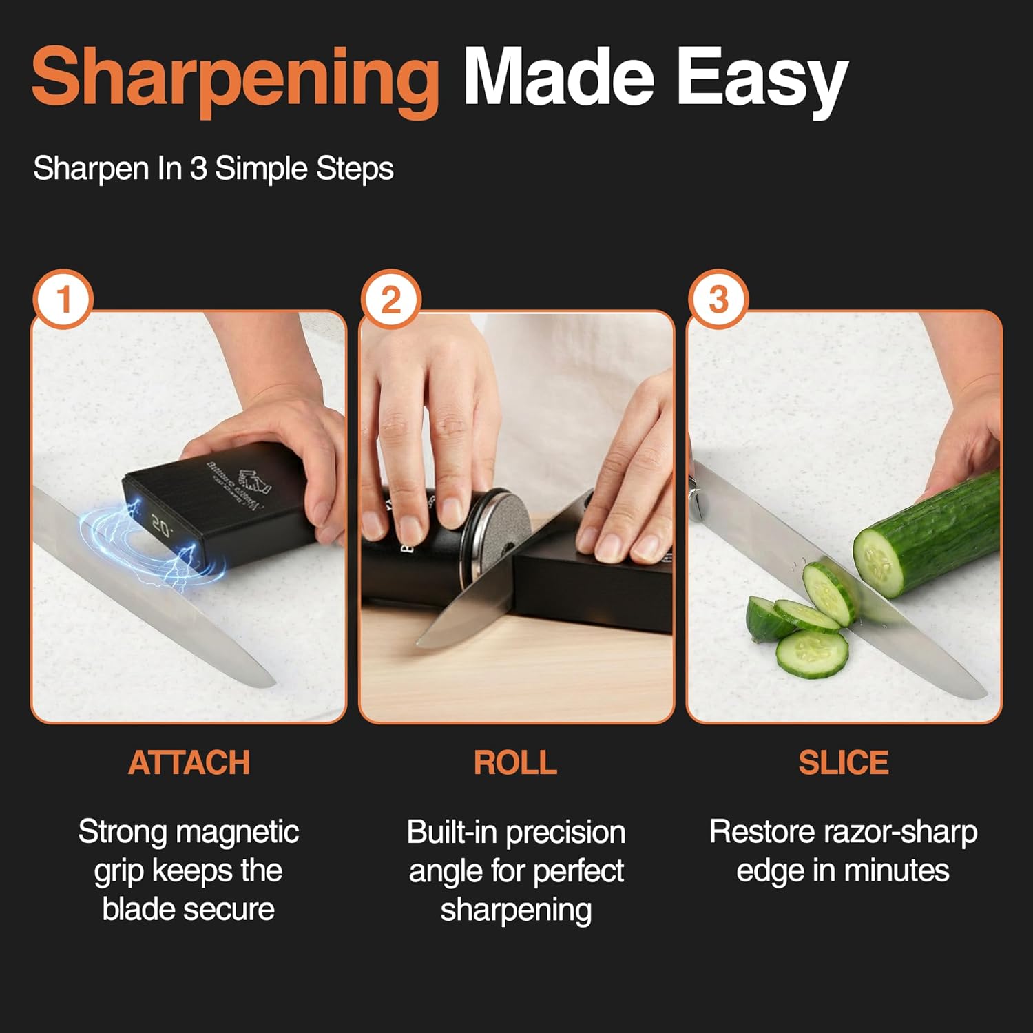 Rolling Knife Sharpener Kit with 400 & 1000 Grit Diamond Discs, Professional Magnetic Angle Knife Sharpener 15° & 20°, High Carbon Steel Sharpening System with Glove & Finger Guard for Kitchen (Black)