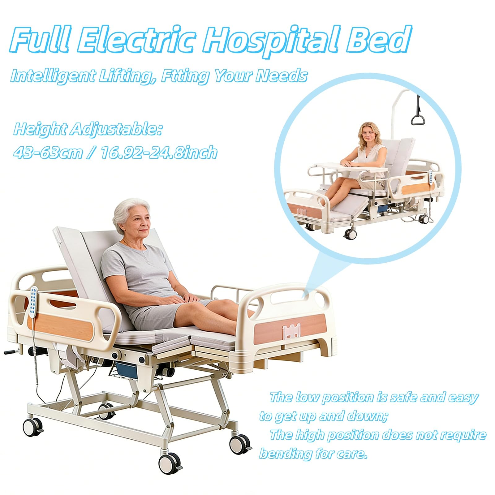 Letto ospedaliero elettrico a 10 funzioni per uso domestico con inclinazione laterale, letto medico con 5 regolazioni, altezza regolabile da 18,5 a 29,13 pollici, materasso impermeabile