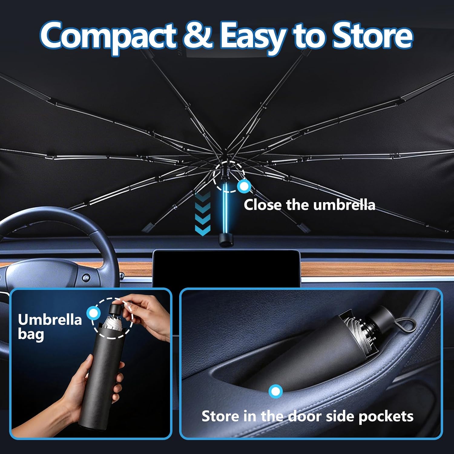 Car Windshield Sun Shade Umbrella: Foldable Front Window Cover with UV & Heat Insulation - Keep Cool and Protect Interior for Auto Sedan SUV (56" L x 31" W)
