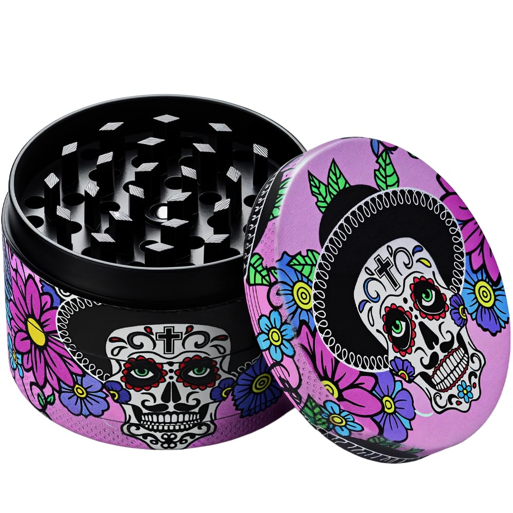 Sytranrein Herb Grinder – 4 Piece Grinder with Magnetic Top, Shark Teeth & Pollen Catcher –50mm Metal Grinder for Dry Herbs & Spices (Pink Skull)