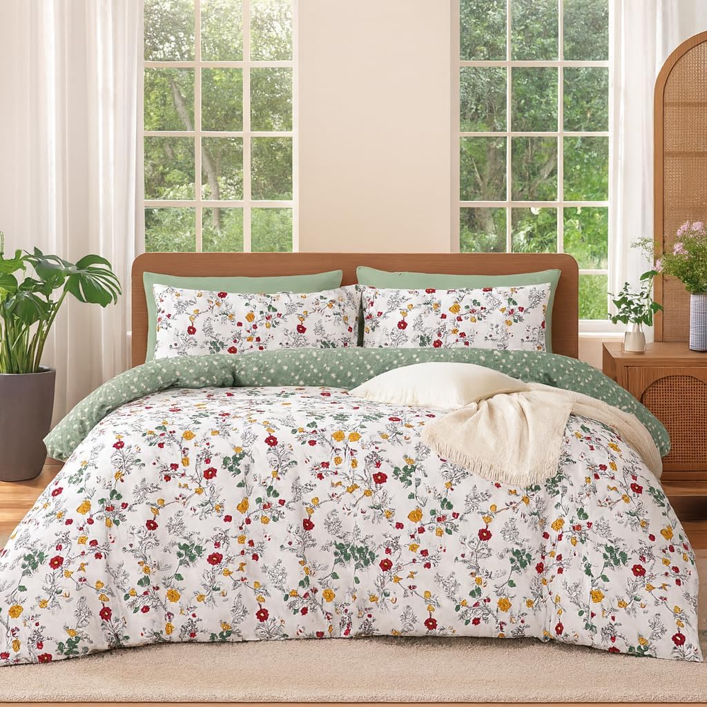 Green Floral Duvet Cover Set Twin Size Comforter Cover Lightweight Soft 100% Cotton Bedding Essentials College Dorm Bedding Cute Bed Set Girls Room Decor Aesthetic Cottage Core Bed for All-Season