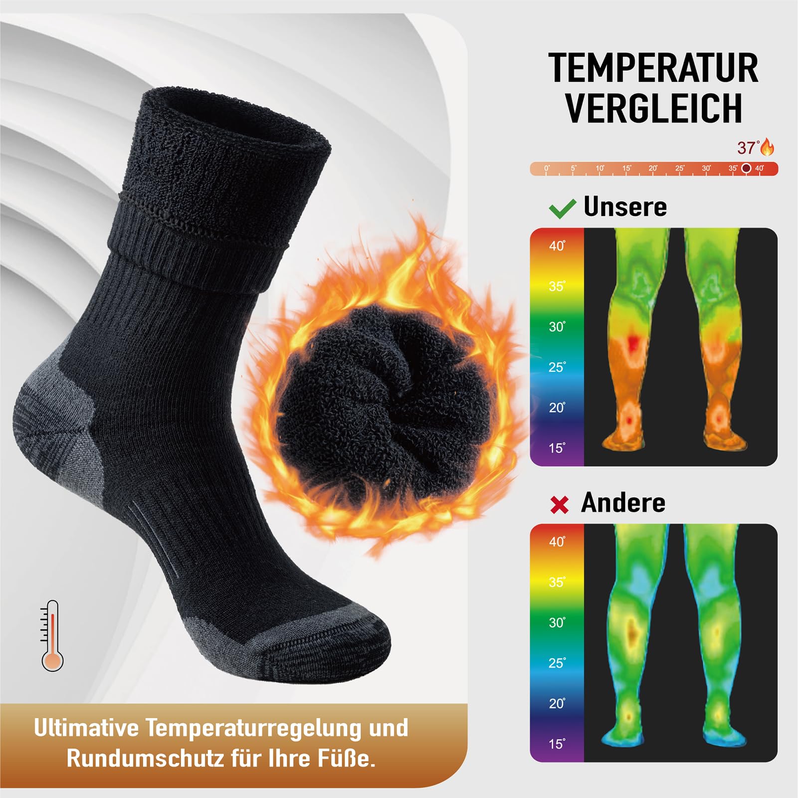 Niorasen Merino Wandersocken Herren Damen, 3 Paar Outdoor Trekkingsocken, Merinowolle Sportsocken Laufsocken Sneakersocken Atmungsaktiv Dicke Thermosocken für Herren Damen - Image 3