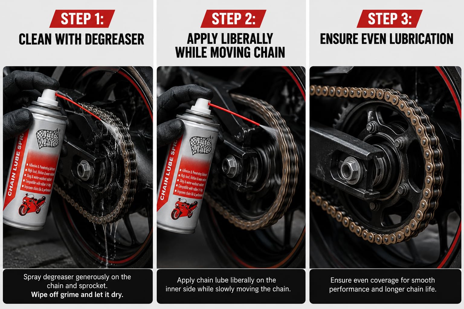 AUTO MATE AEROL Chain Lube Spray for Bikes & Cycles | Premium Bike Chain Lubricant & Chain Protector | Reduces Friction, Prevents Rust & Wear | Smooth Performance | 65g/100ml 3
