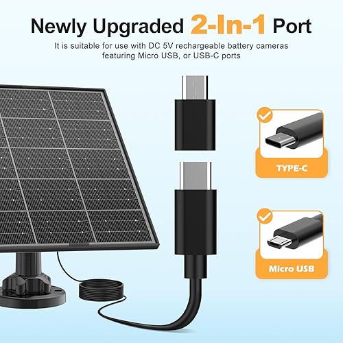 Miniatura 2 de Panel solar para cámara de seguridad, panel solar de 8 W con puerto micro USB y USB-C para cámara de batería recargable de 5 V CC al aire libre,